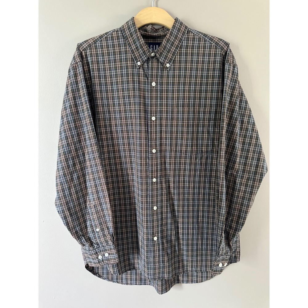 Gap Mens Large Plaid Button Down Shirt Long Sleeve Cotton Green Blue Brown L
